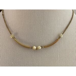 Vintage Beeline Gold Tone Faux Pearl Curved Bar Choker Necklace 15" Minimalist